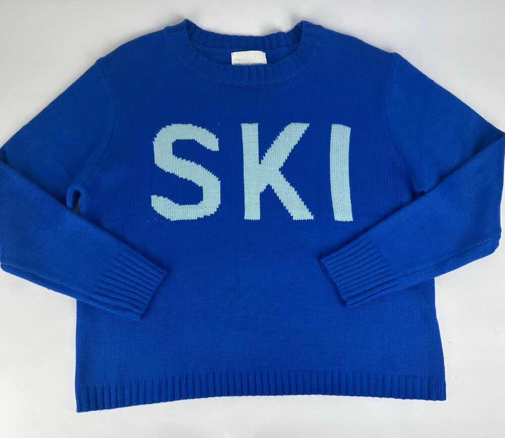 Panache Apparel Blue Apres Ski Knit Sweater Womens Medium Winter Resort Graphic